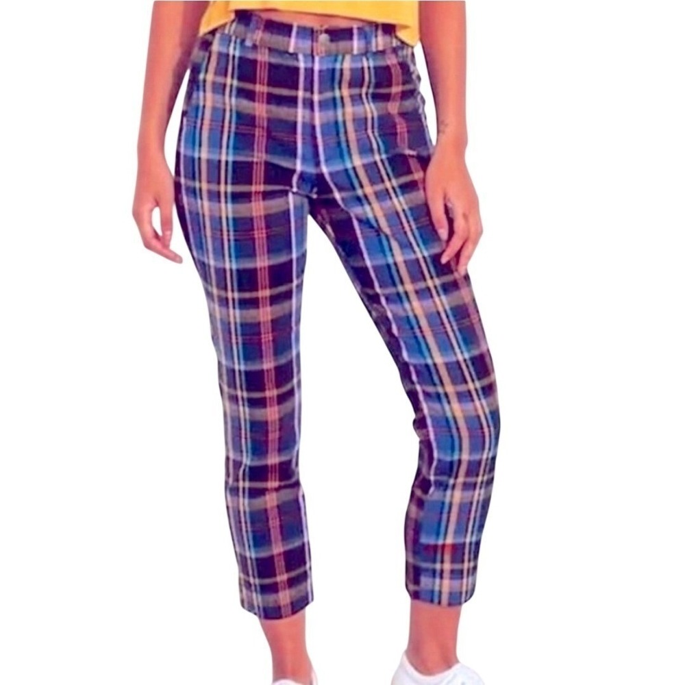 Hollister Plaid Pants Womens XS Blue Pink Orange Ultra High Rise Preppy Grunge